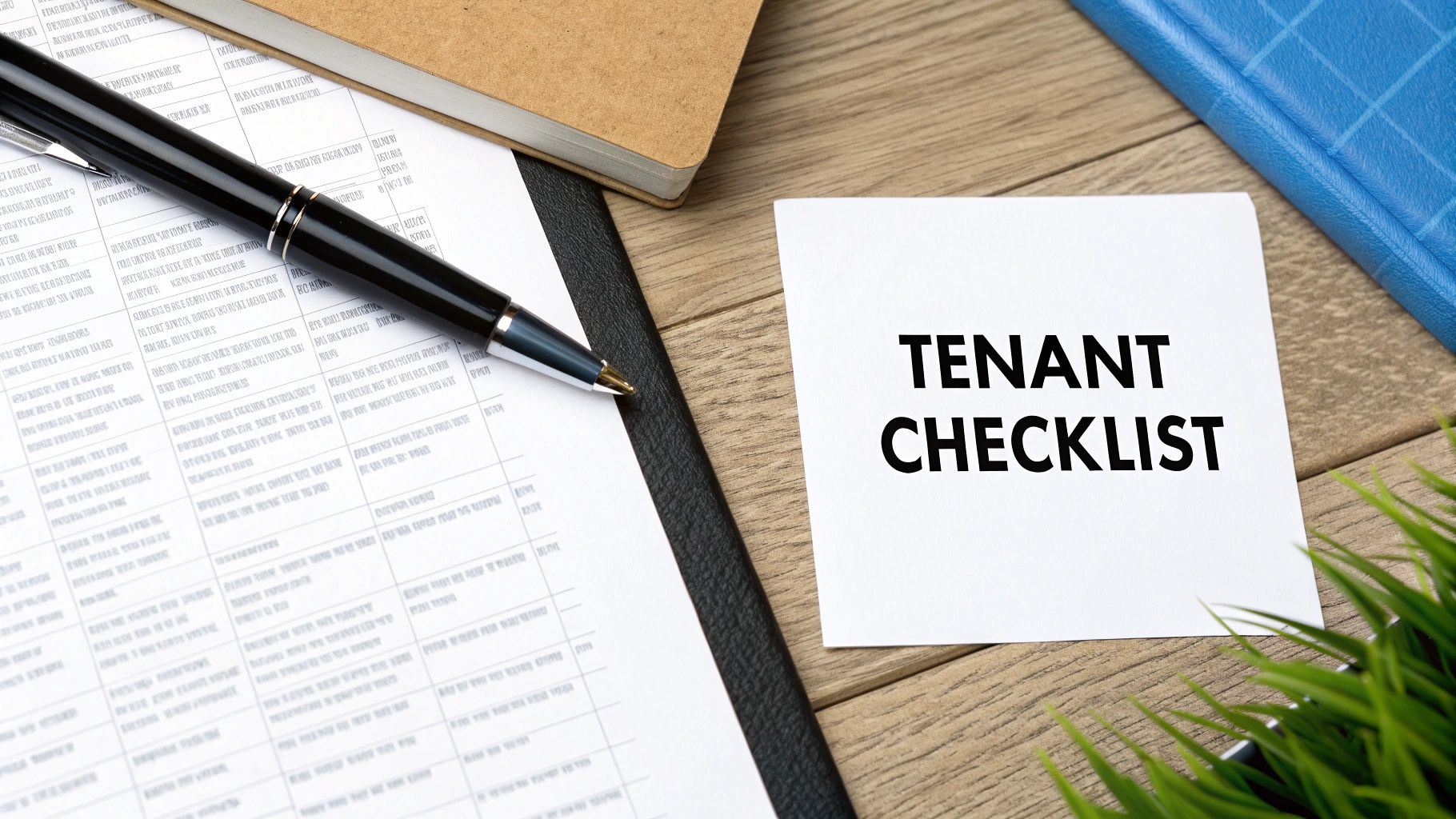 Overhead shot of a &#39;TENANT CHECKLIST&#39; note, pen, documents, and notebook on a wooden table.