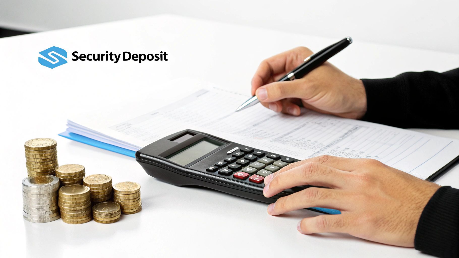Hands working on financial documents with a calculator and money, representing security deposits.