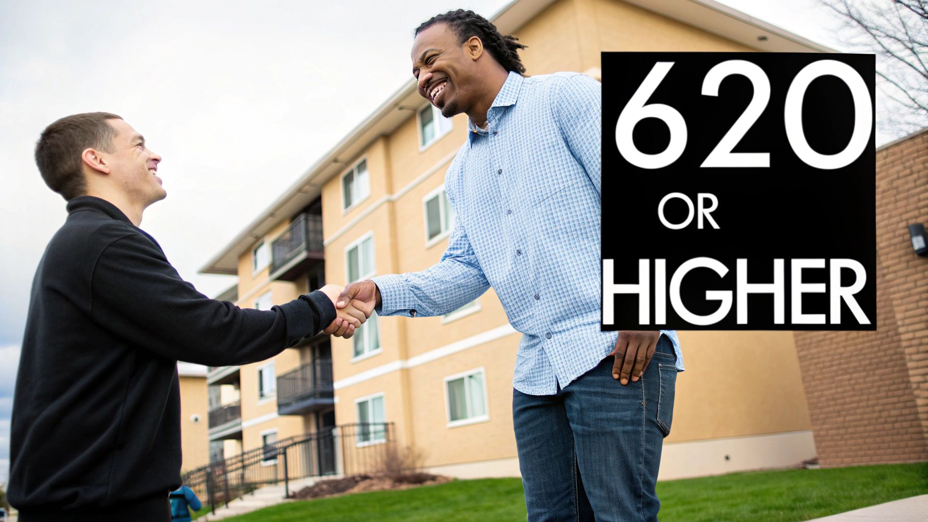 Two smiling men shake hands in front of apartments, with &#39;620 OR HIGHER&#39; text.