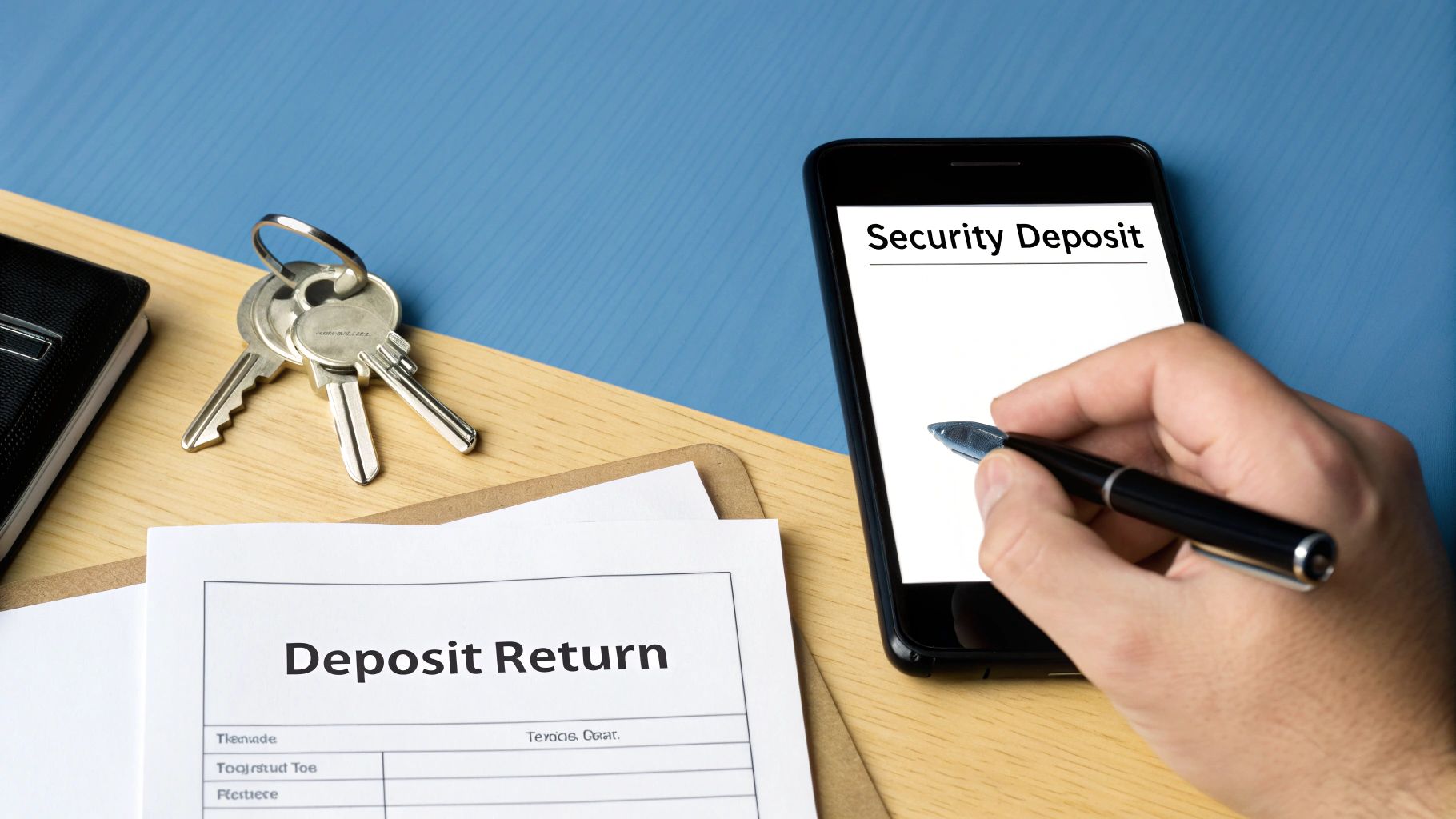 A hand signs a security deposit form on a smartphone, with keys and a deposit return document.