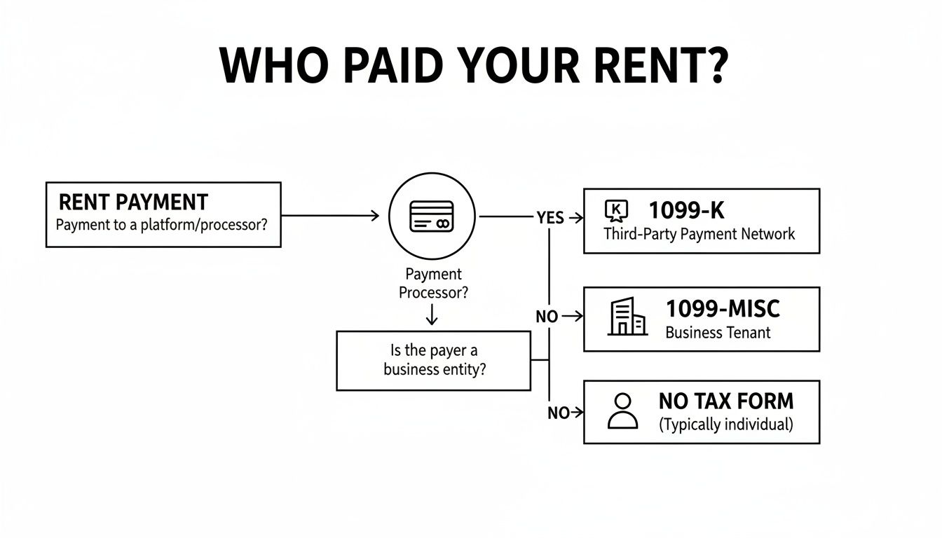 Flowchart explaining tax forms for rent payments based on payment processor and payer type.
