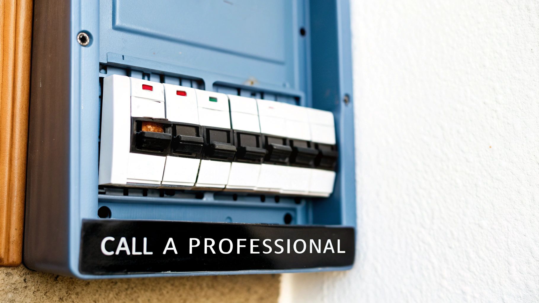 Close-up of an open electrical circuit breaker box with a warning to call a professional.