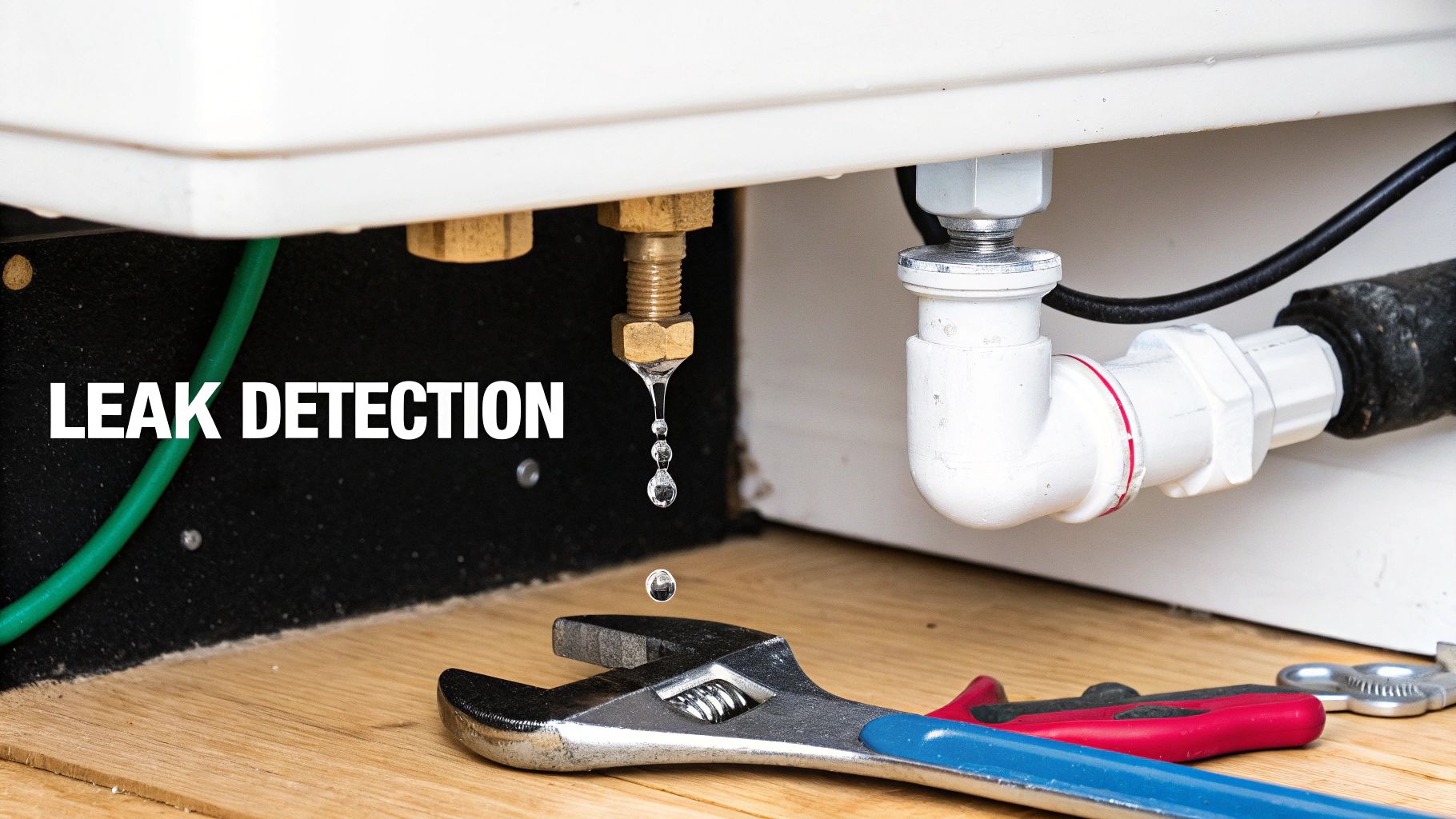Water drips from a leaky pipe onto an adjustable wrench, highlighting plumbing leak detection.