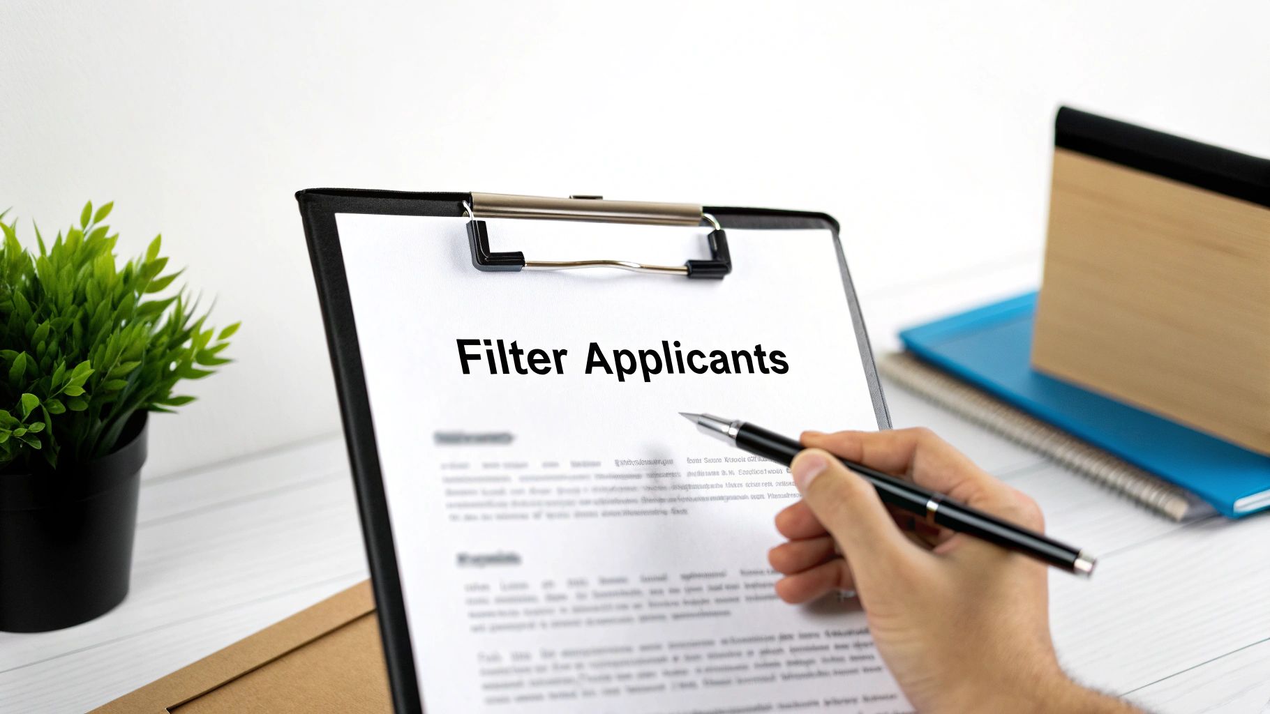 A person reviewing a document titled 'Filter Applicants' on a clipboard with a pen.