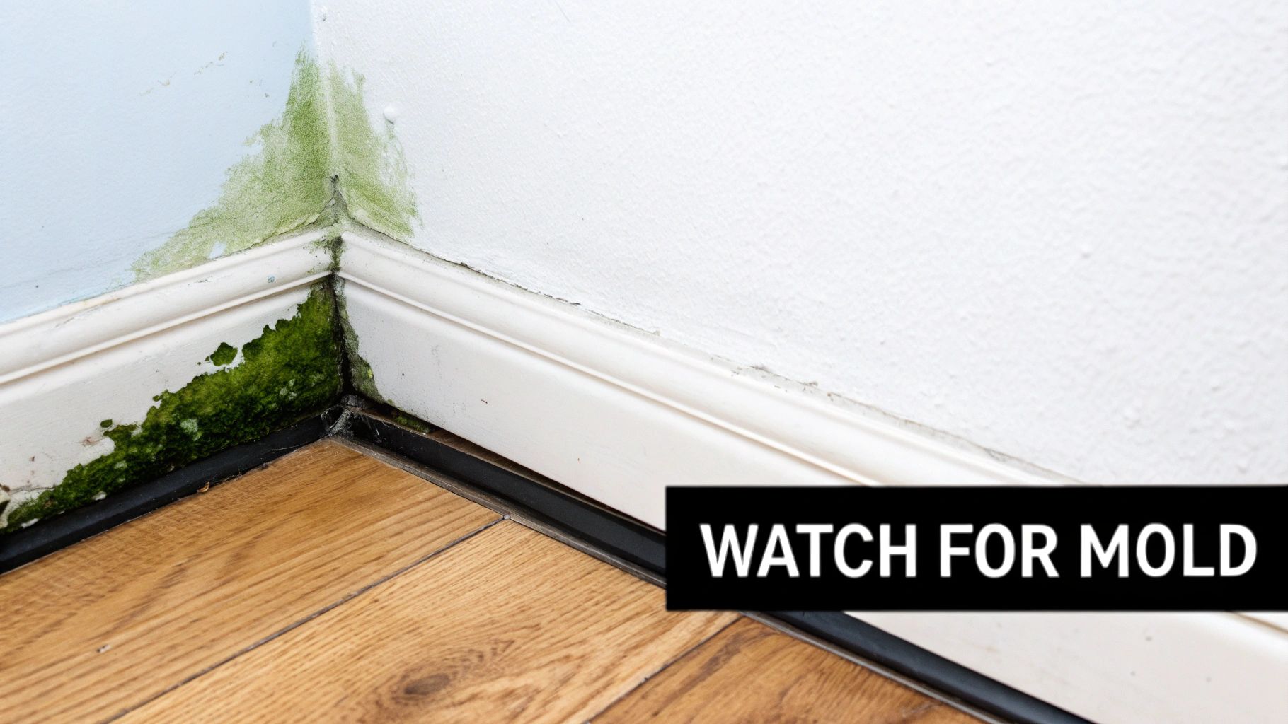 A close-up of green mold spreading on a light-colored wall and baseboard in a room corner.