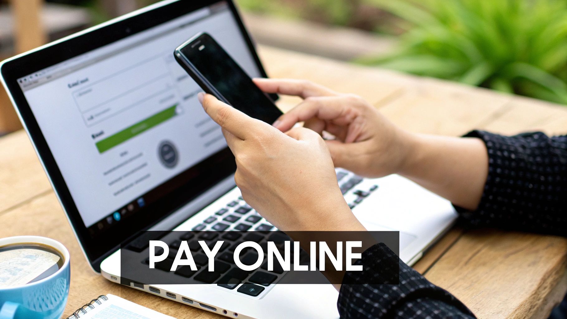 A person is using a smartphone and laptop to pay online, with a coffee cup nearby.