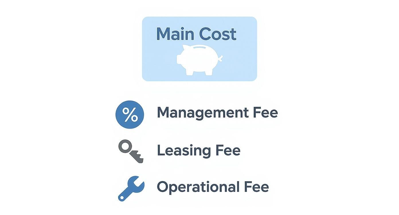 Property management company costs breakdown showing main cost, management fee, leasing fee, and operational fee icons