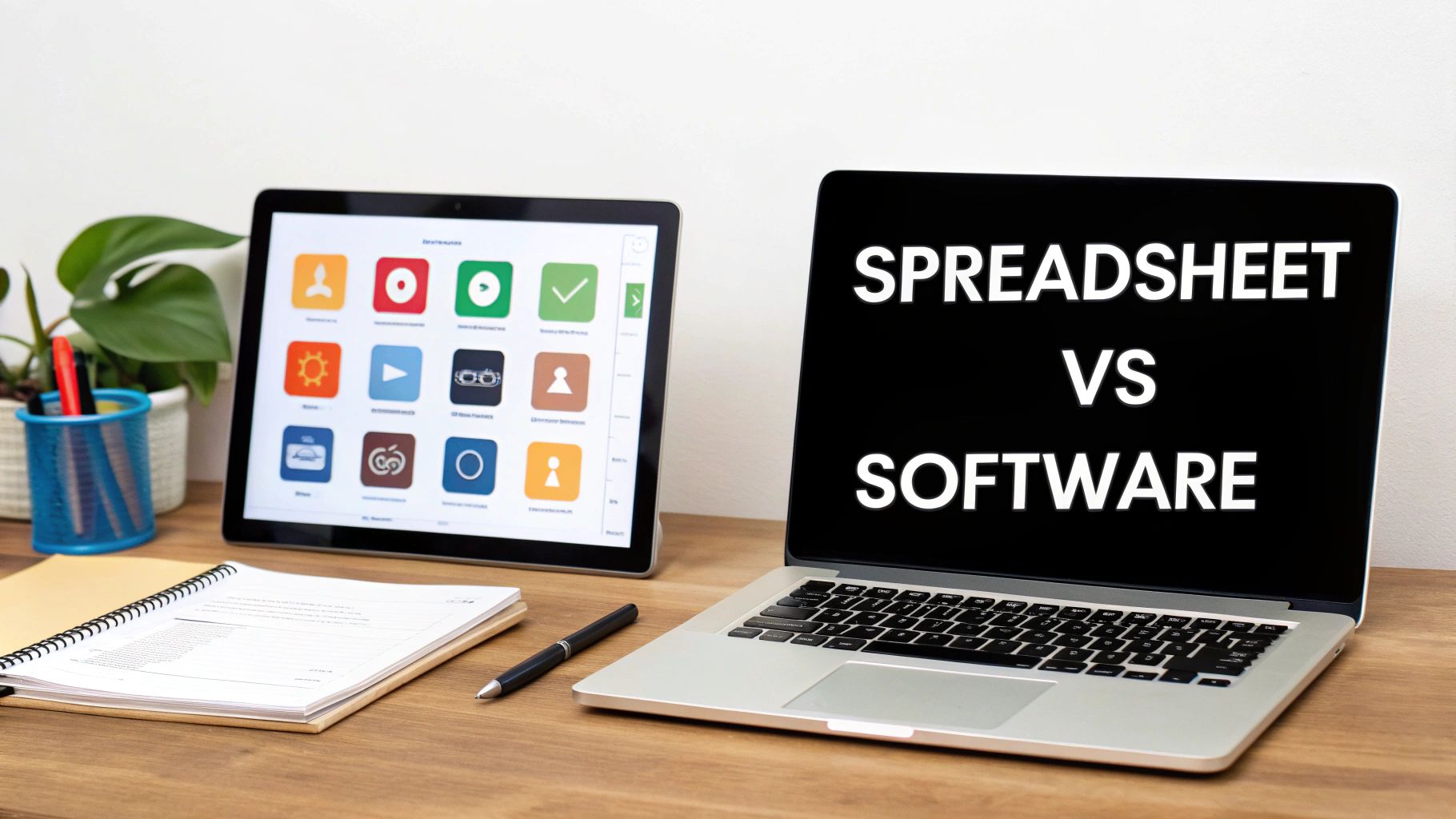 A laptop screen displays 'SPREADSHEET VS SOFTWARE' next to a tablet with various app icons on a wooden desk.