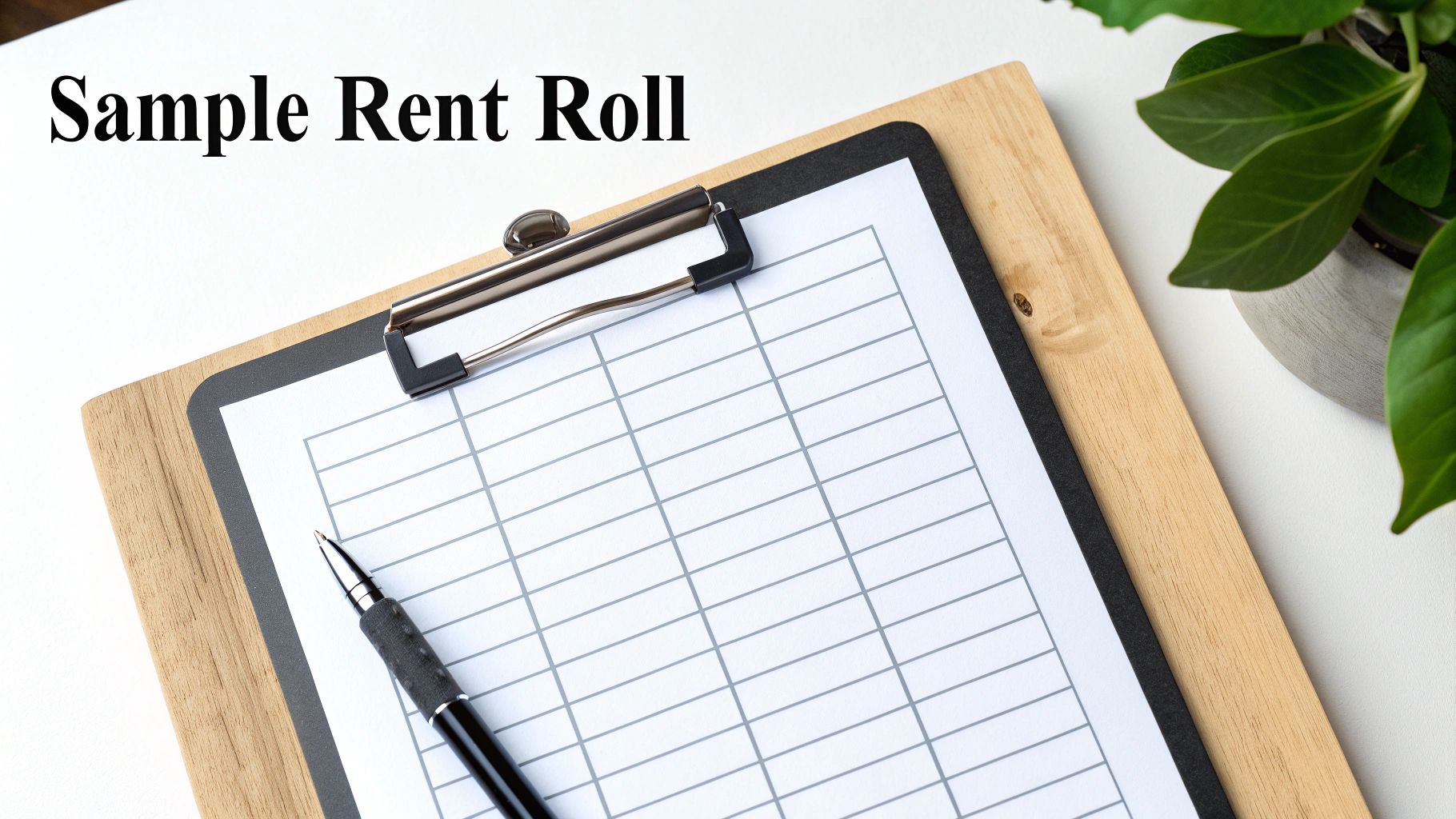 A clipboard with a blank rent roll form, a pen, and text 'Sample Rent Roll' on a white desk.