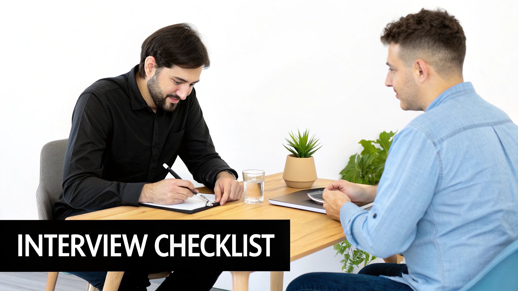 Two men are having an interview at a wooden table with "INTERVIEW CHECKLIST" text.