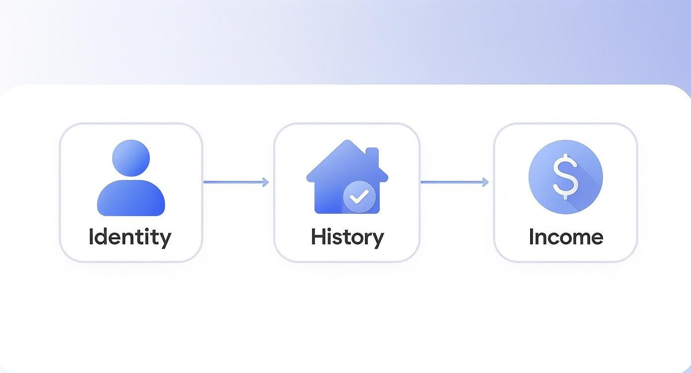 A diagram illustrating the rental application process, showing Identity, History, and Income steps.