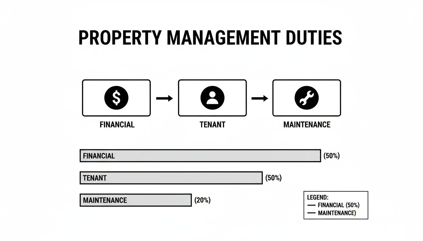 A diagram outlining property management duties: Financial, Tenant, and Maintenance, with associated percentages.