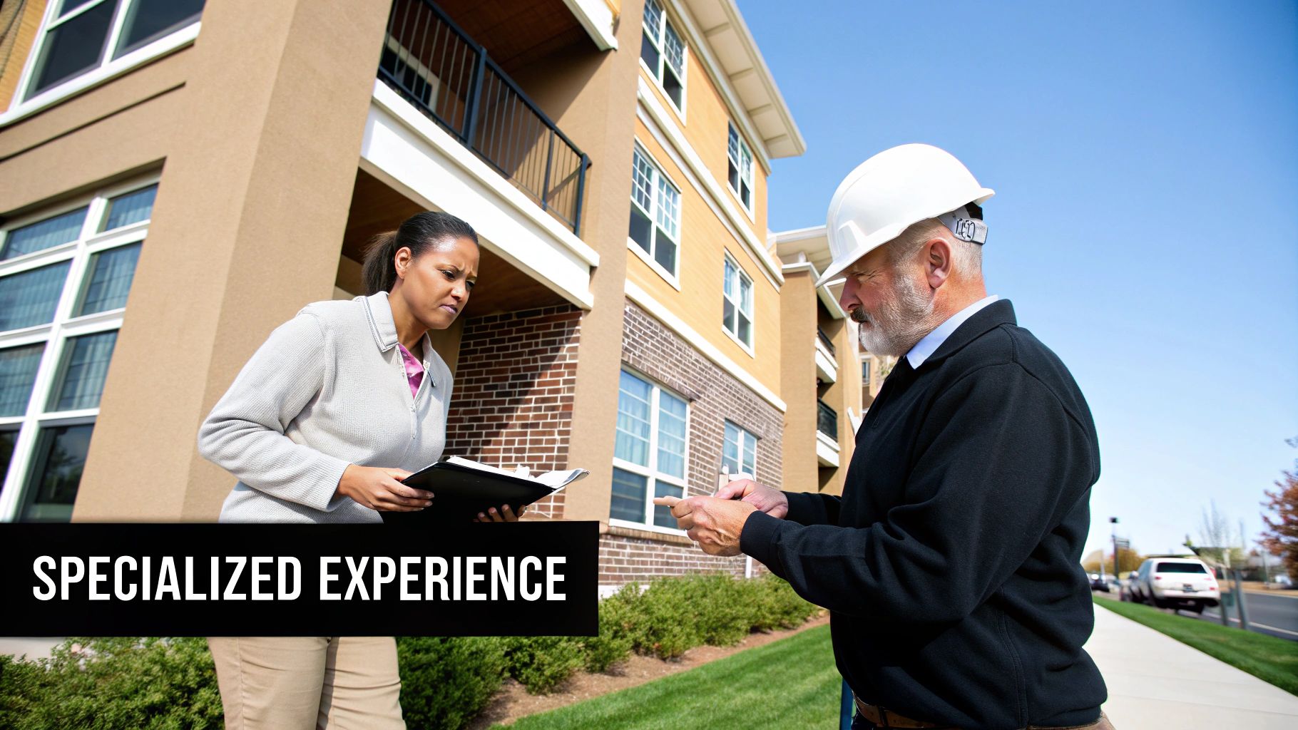 A woman with a clipboard and a man in a hard hat inspect a condominium building.