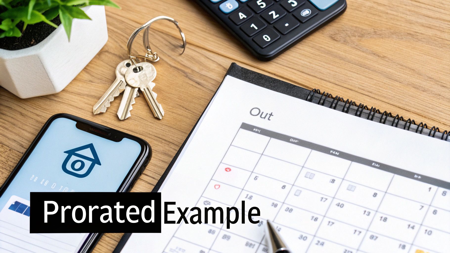 Desk flatlay with house keys, calculator, calendar, and phone displaying a house icon for prorated example.