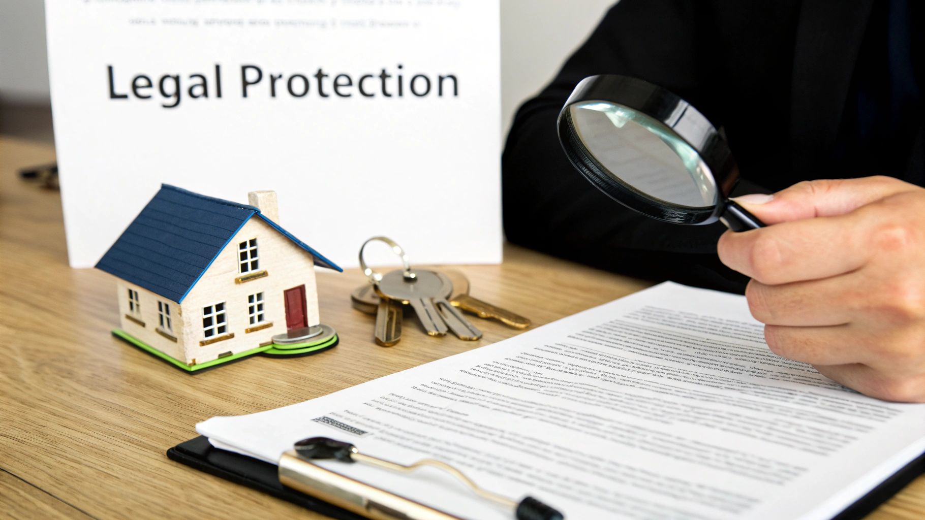 A hand with a magnifying glass inspects a legal document, a model house, and keys, with a 'Legal Protection' sign.
