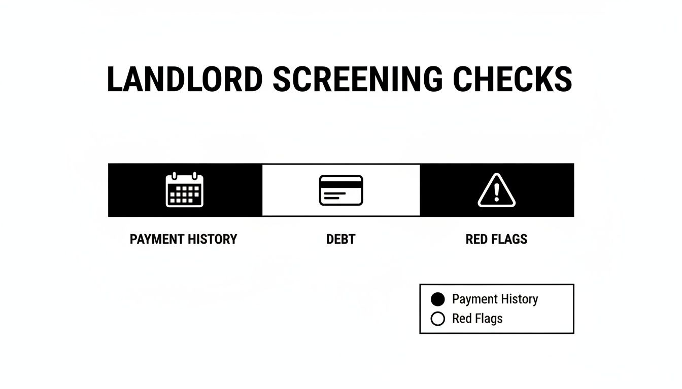 Infographic illustrating landlord screening checks for payment history, debt, and red flags, with a legend.