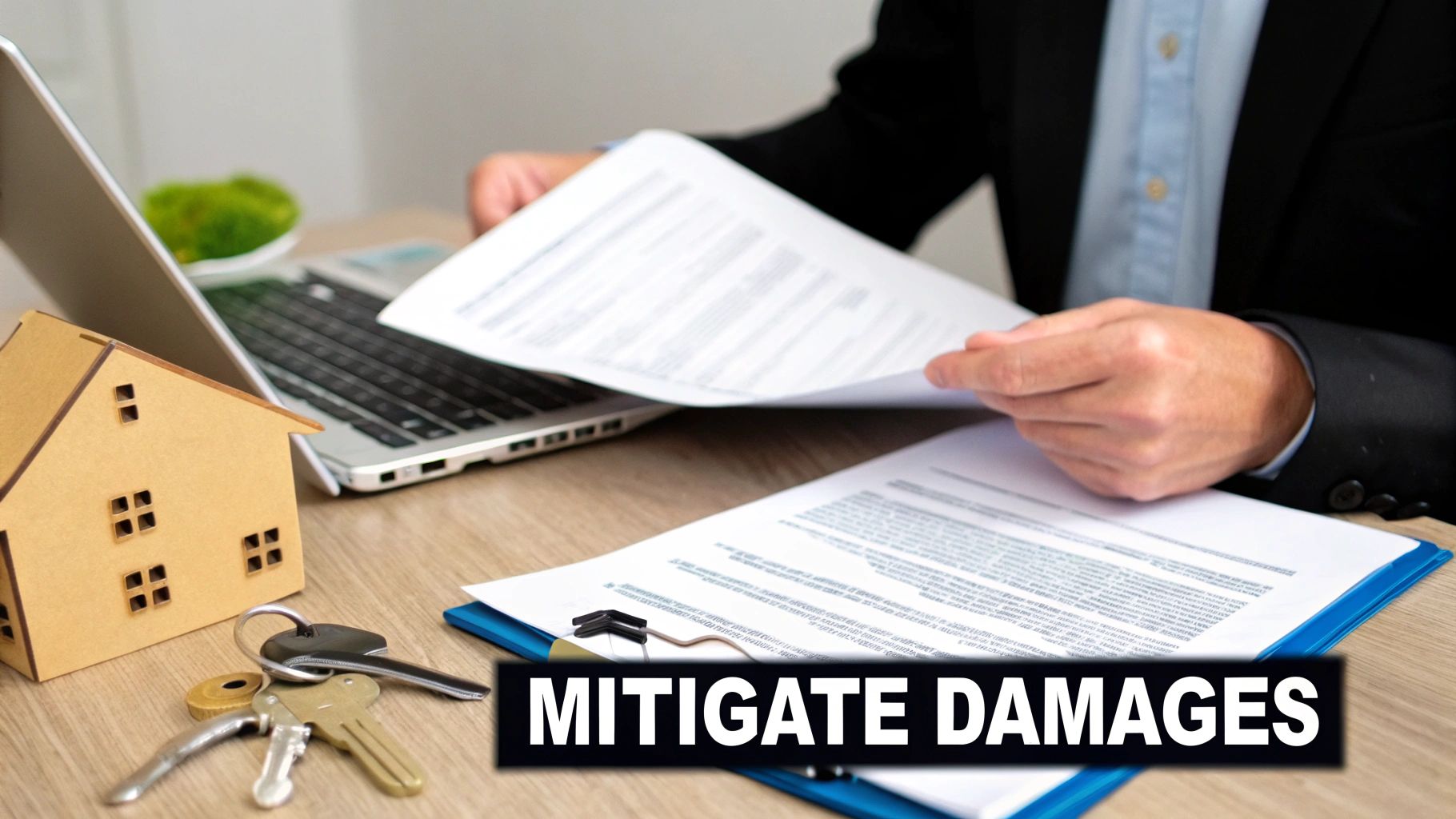 A person reviewing legal documents on a desk with a laptop, model house, and keys.