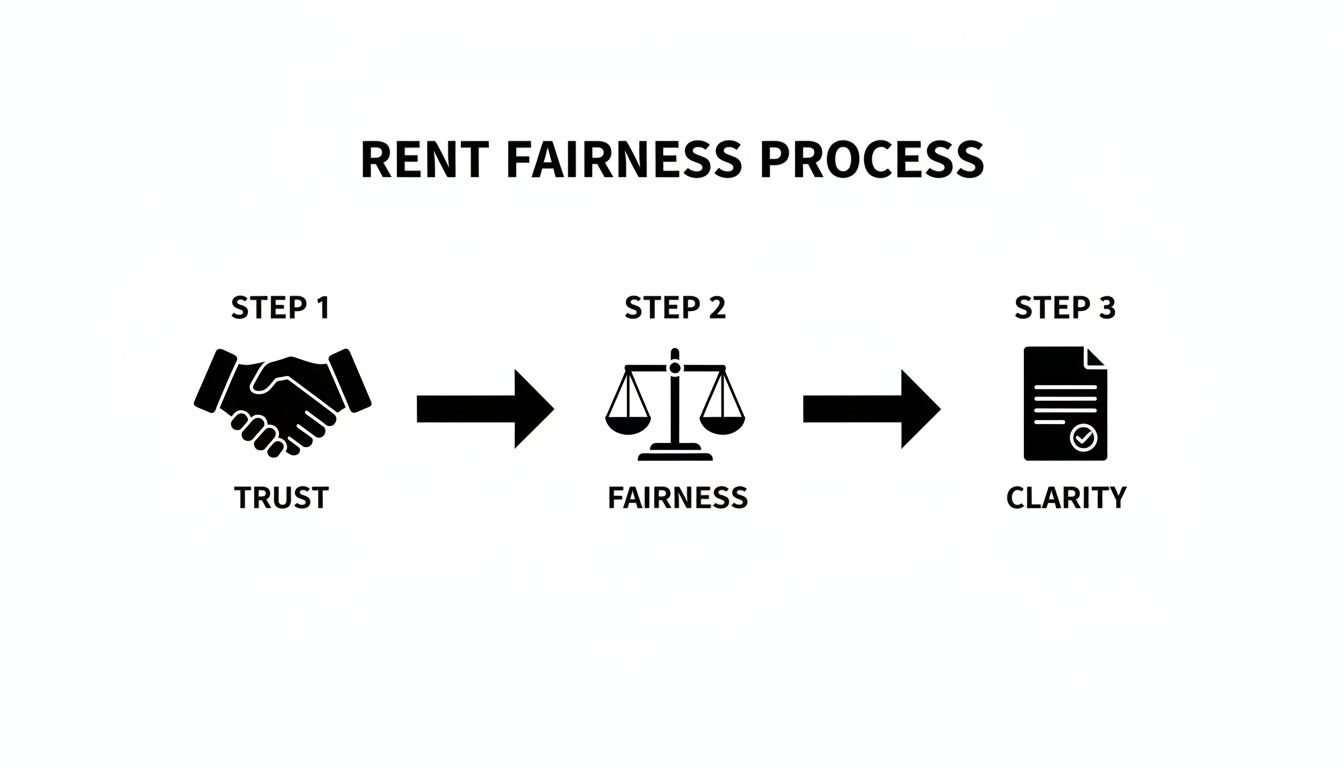 Diagram showing the Rent Fairness Process with three steps: Trust (handshake), Fairness (scales), and Clarity (document).
