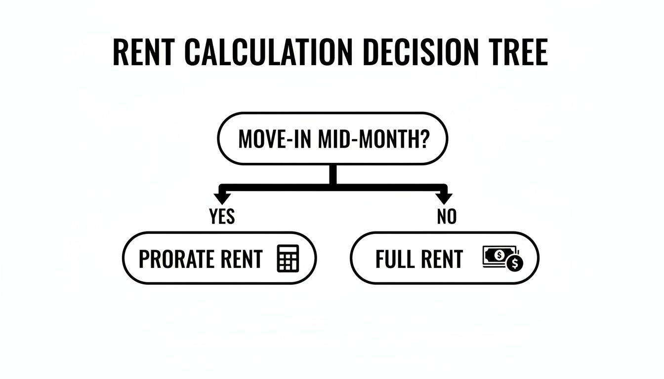 A rent calculation decision tree diagram, explaining prorated rent for mid-month move-ins.