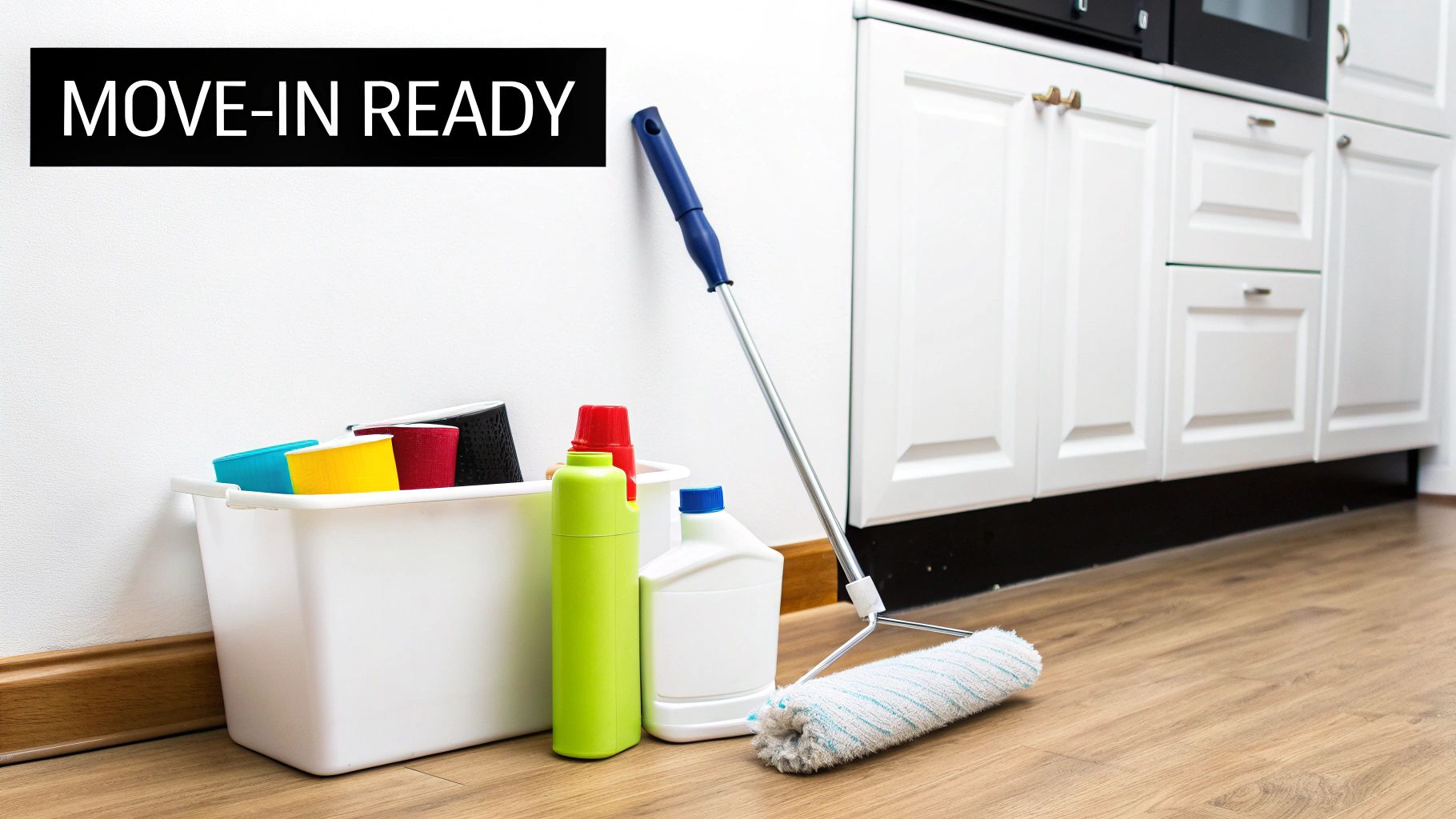 Move-in ready apartment with cleaning supplies, paint roller, and white kitchen cabinets.