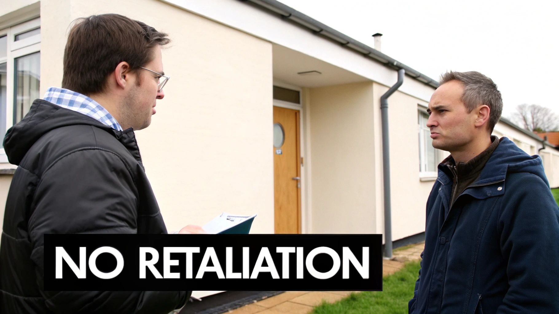 Two men in casual jackets discussing outside a cream-colored house, with 'NO RETALIATION' text.