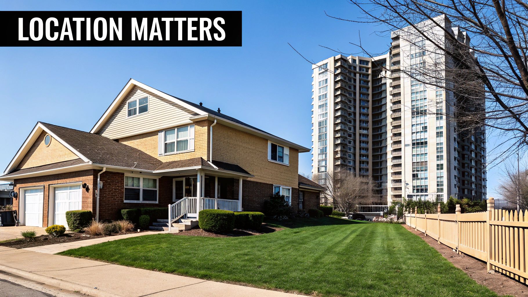 A split image showing a suburban single-family home on one side and a modern downtown apartment building on the other.