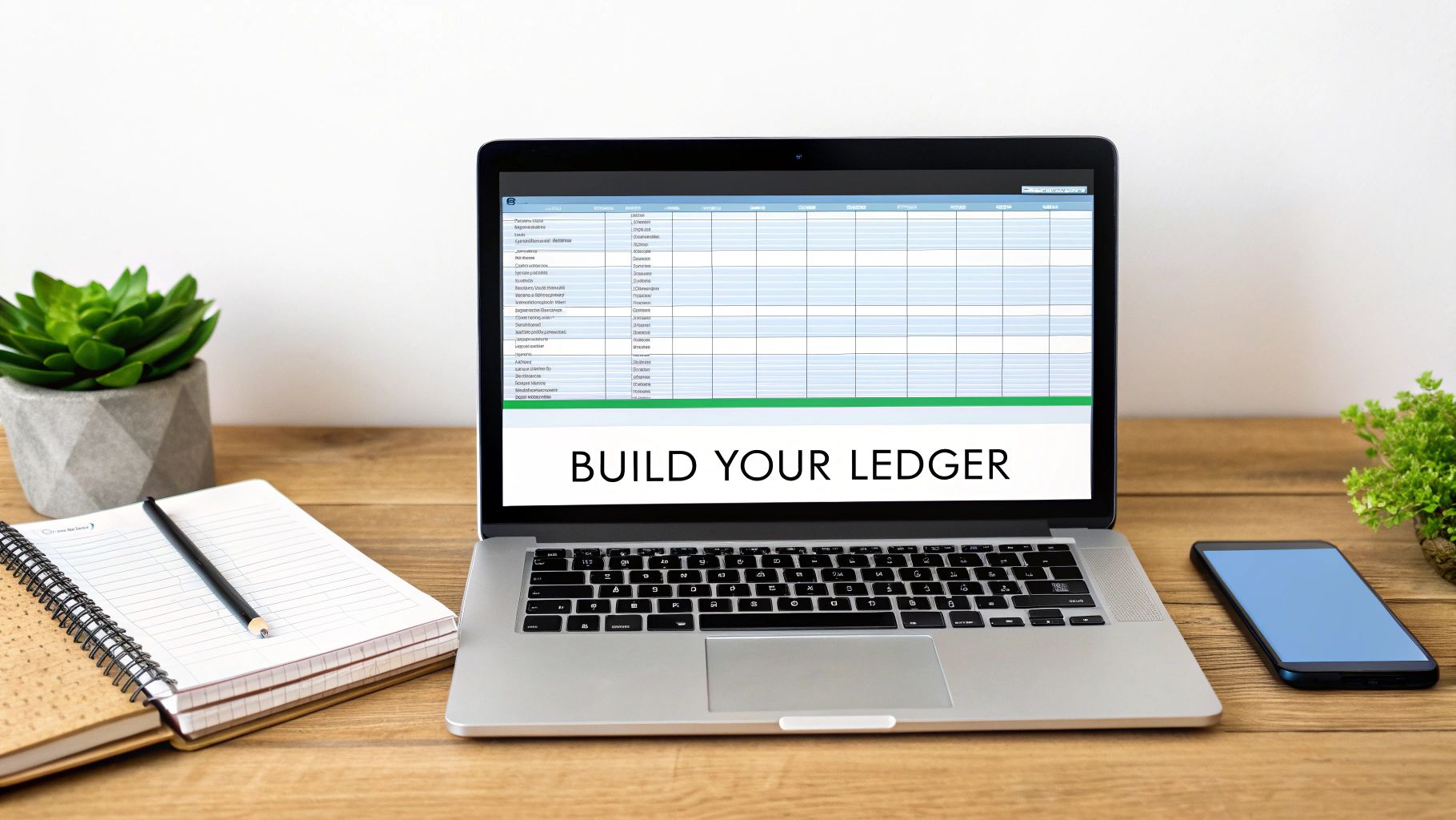 A laptop displays "BUILD YOUR LEDGER" and a spreadsheet, surrounded by a notebook, plants, and a smartphone on a wooden desk.