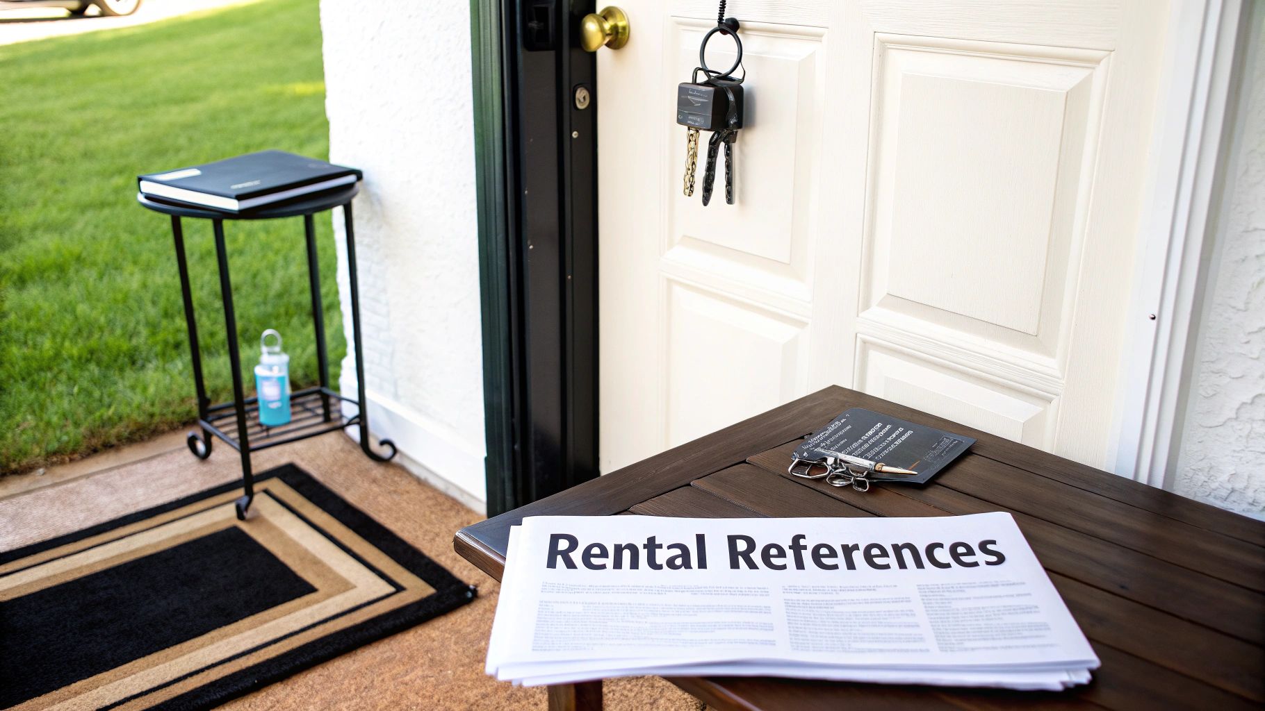 Rental references documents, a key holder, and a notebook are arranged at a home's entrance.