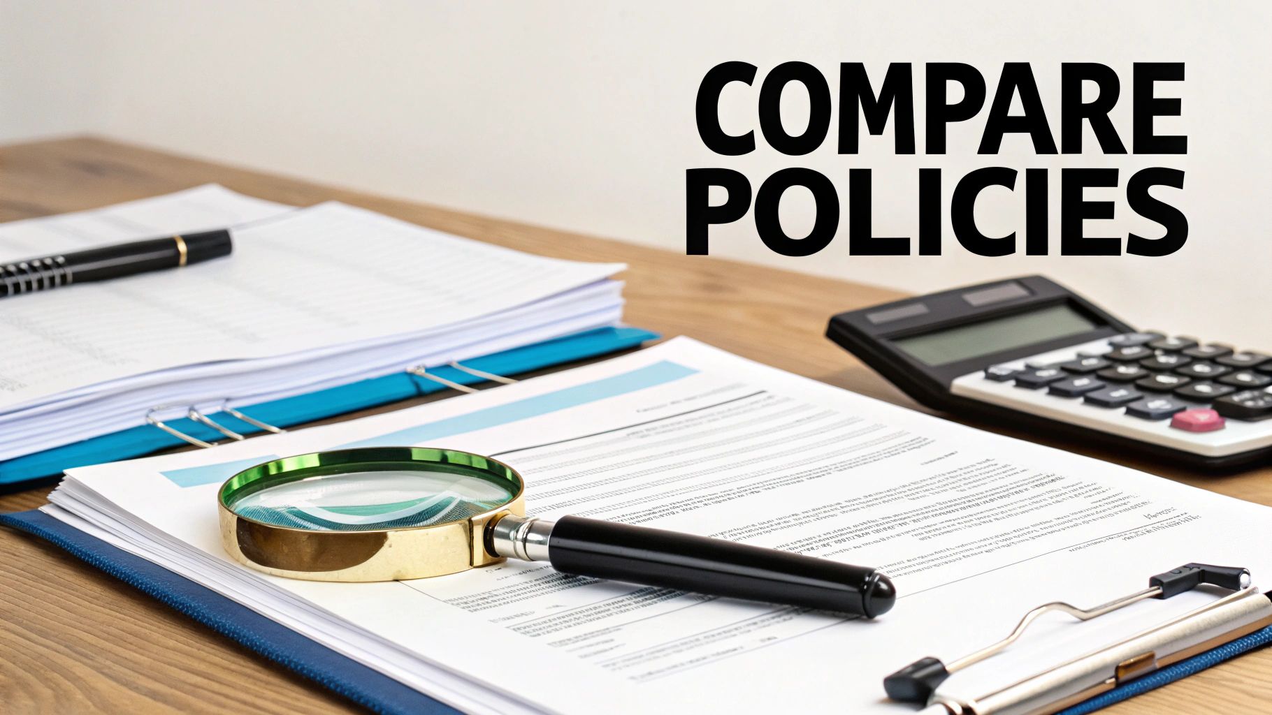 A person using a magnifying glass to review an insurance policy document.