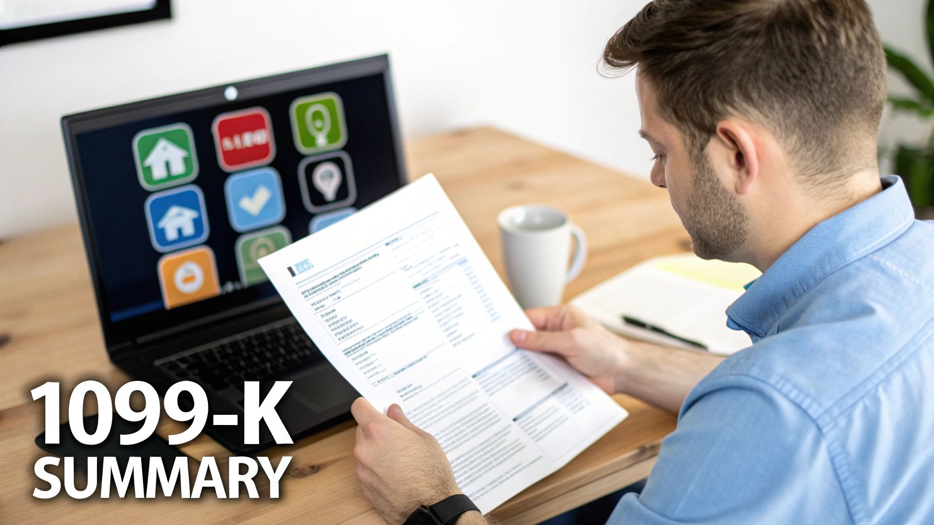 A man reviews a 1099-K tax summary document at his desk with a laptop.