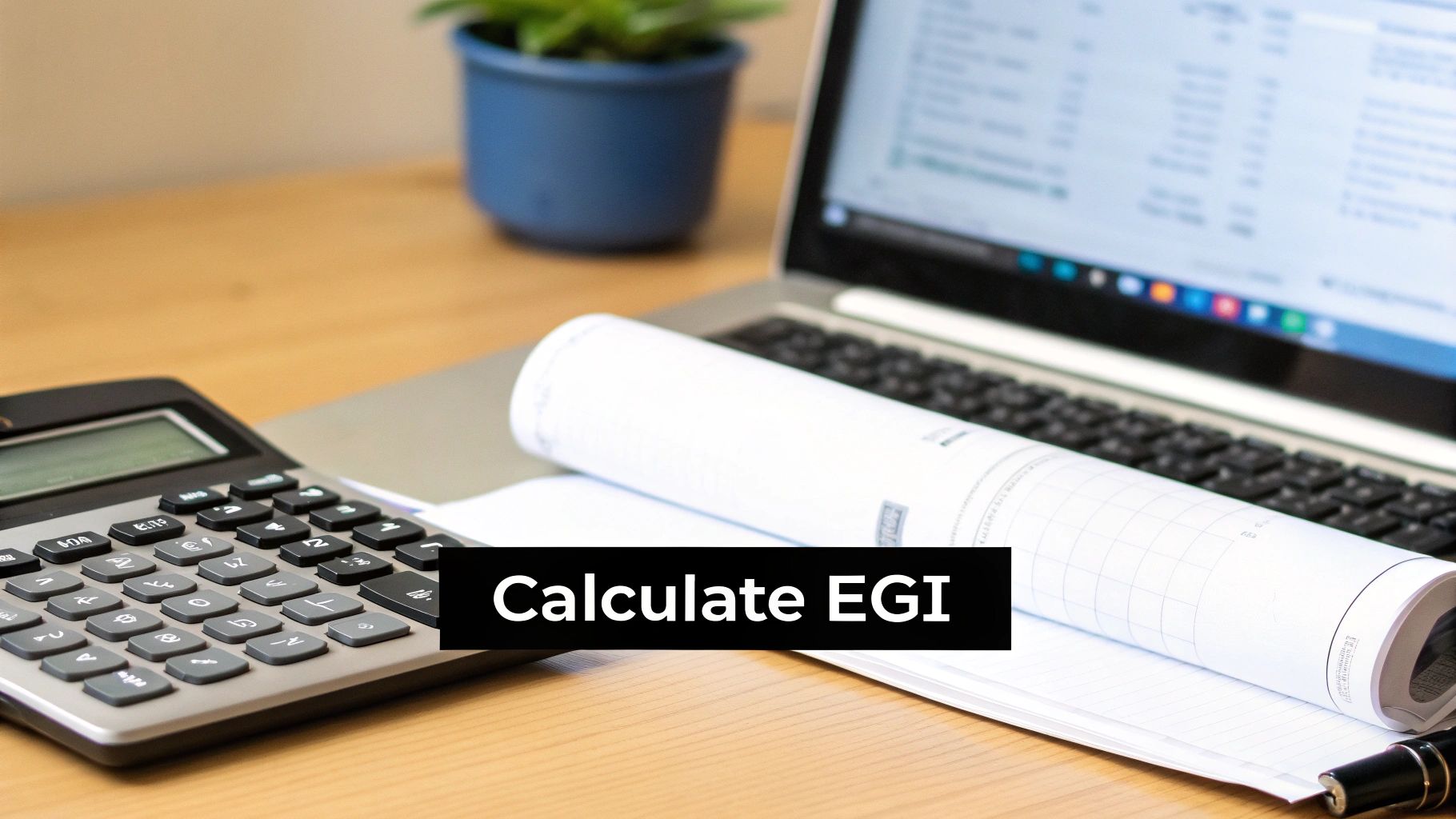 A calculator, laptop, and rolled blueprint on a wooden desk with a 'Calculate EGI' text overlay, symbolizing financial analysis.