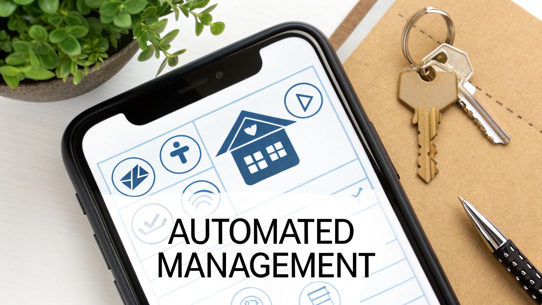 Woman smiling while looking at a laptop, with a house key and a miniature house model on the desk, symbolizing successful hands-off property management.