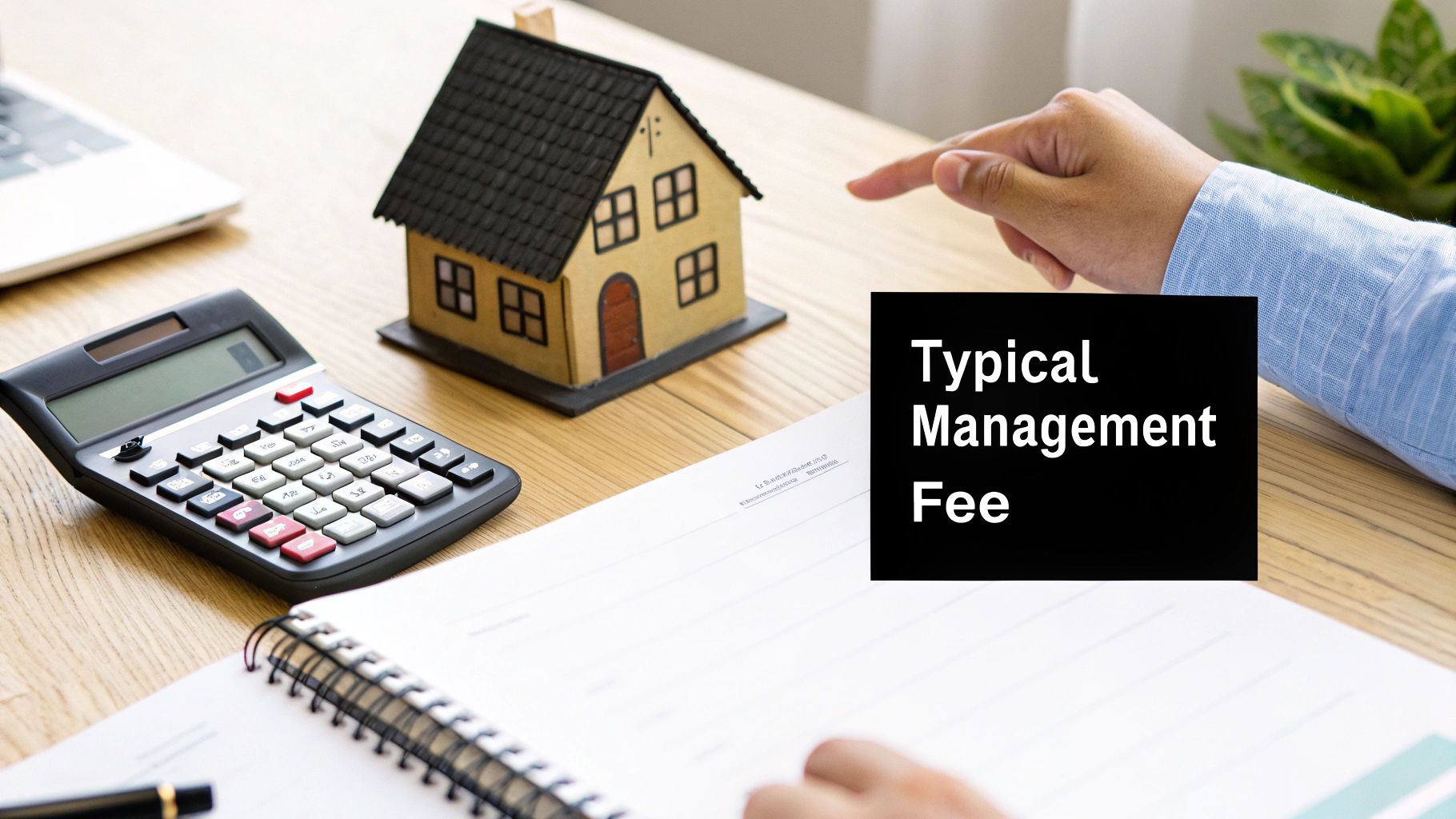 A hand pointing at a miniature house model with a calculator and notebook, showing 'Typical Management Fee'.