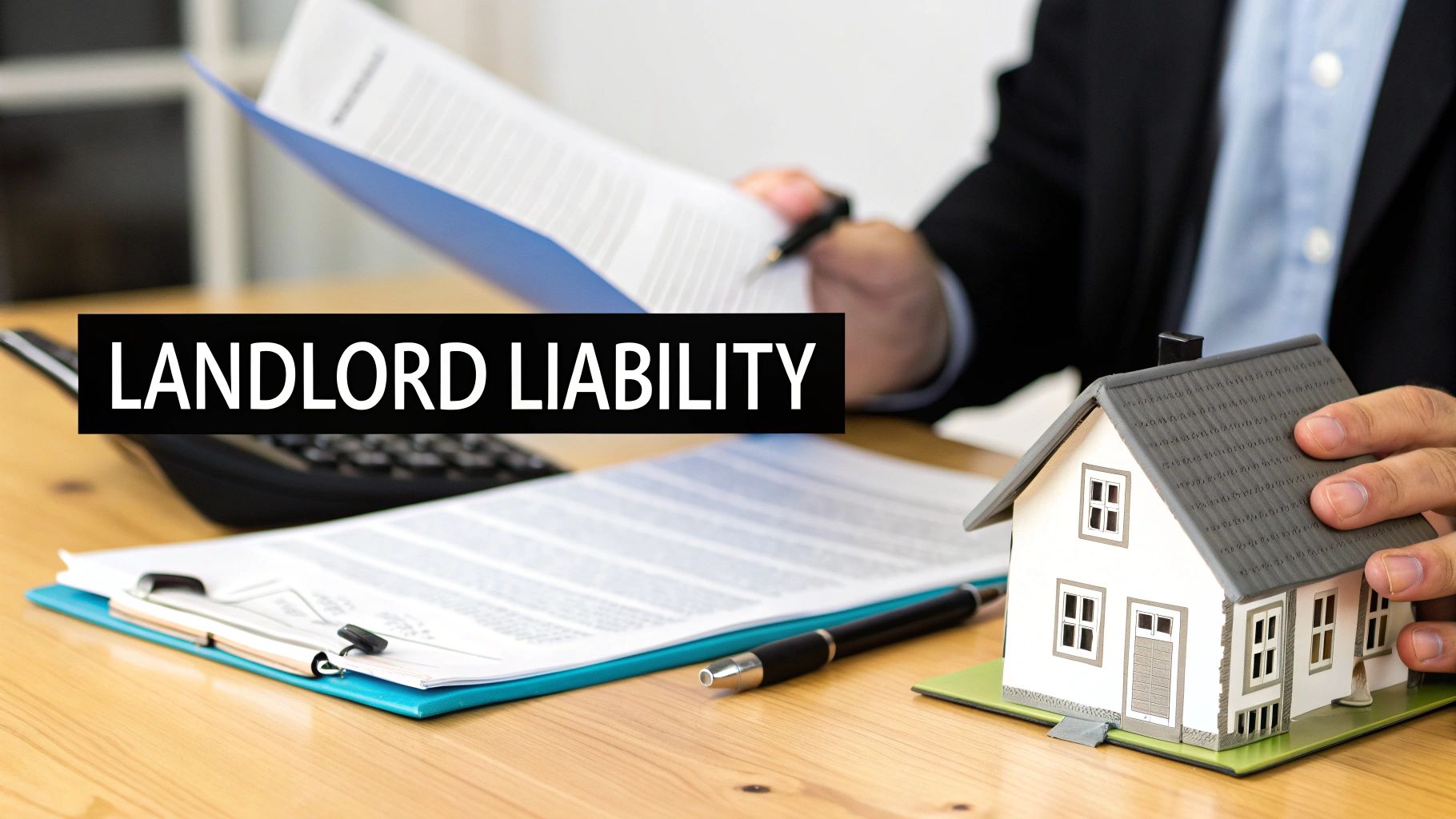 A person reviews documents and holds a miniature house model, with text 'LANDLORD LIABILITY'.