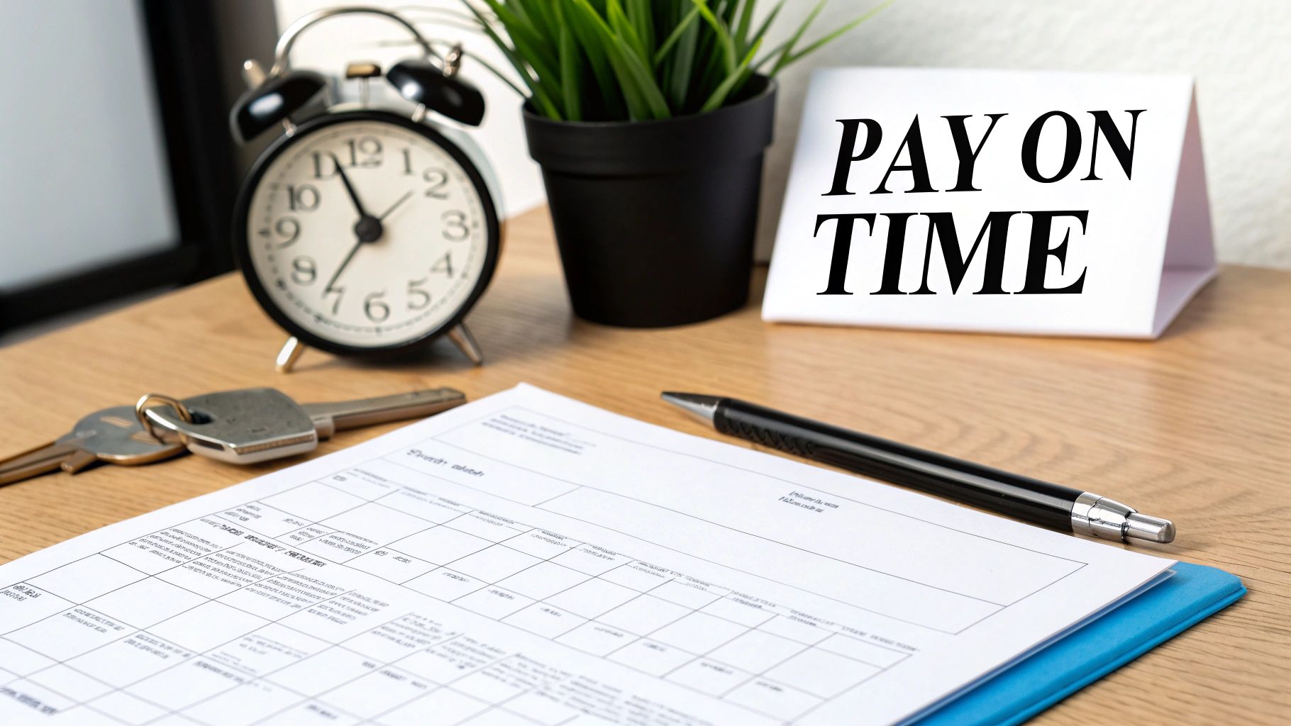 A desk with an alarm clock, keys, documents, and a 'PAY ON TIME' sign.