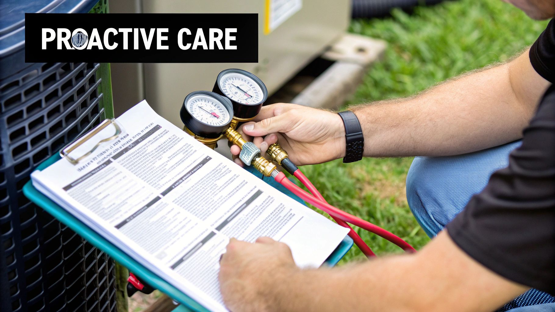 HVAC technician performing proactive maintenance on an outdoor air conditioning unit with gauges and a checklist.
