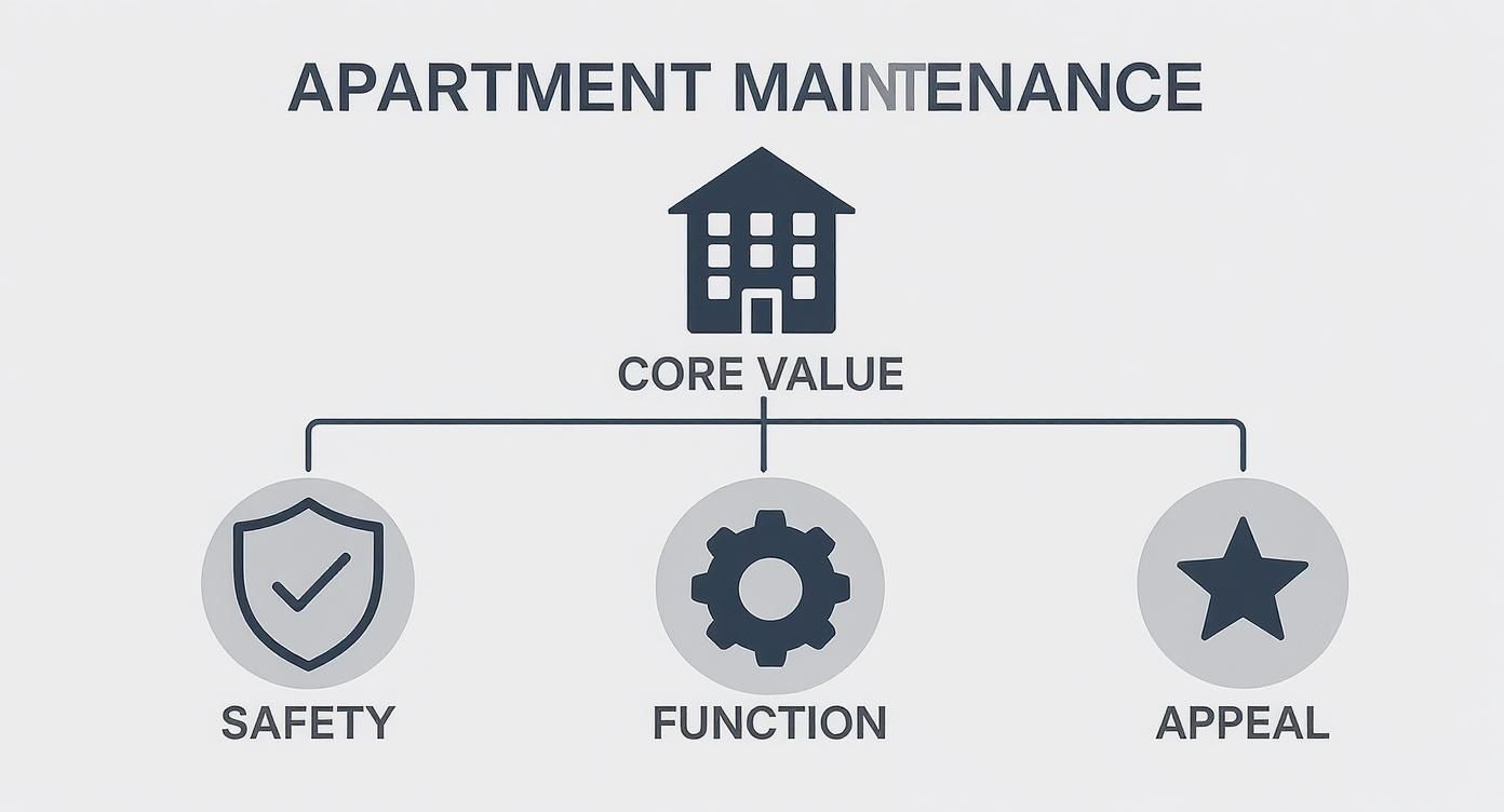 Diagram illustrating apartment maintenance core values: safety, function, and appeal.