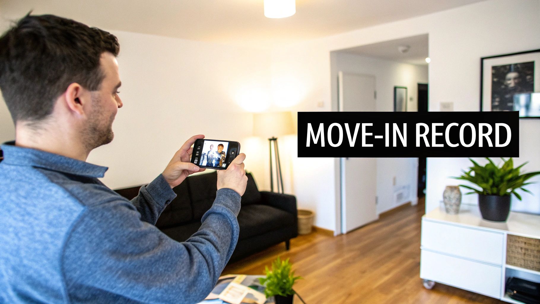 A man records a video of a modern living room with his smartphone for a move-in record.