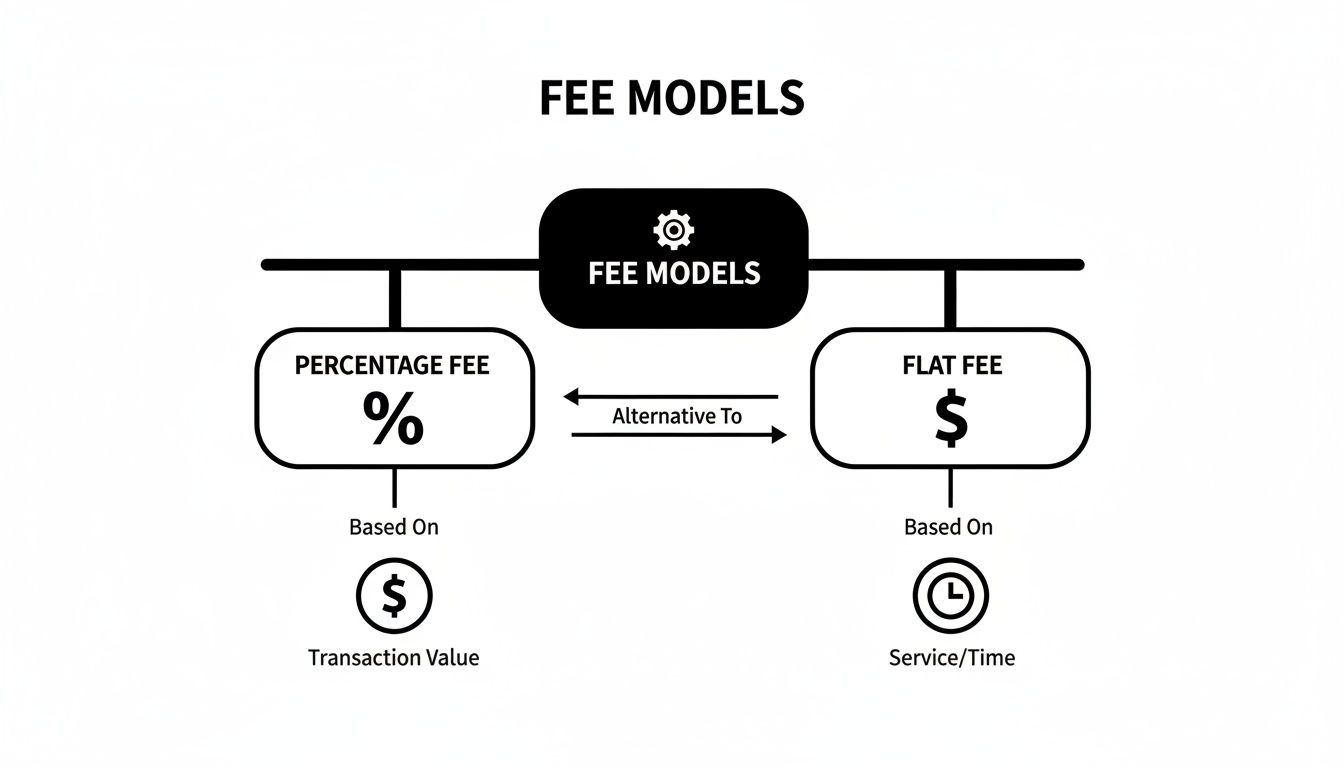 Diagram illustrating two fee models: Percentage Fee based on transaction value and Flat Fee based on service/time.
