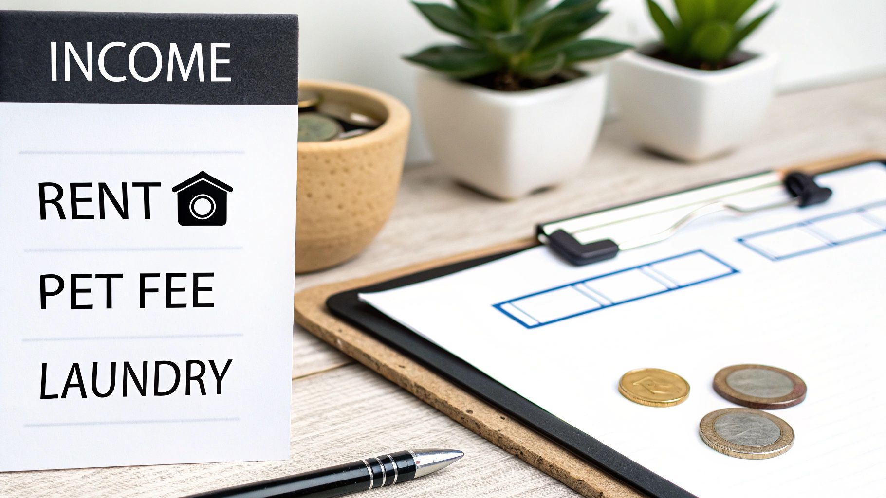 A note listing income sources: Rent, Pet Fee, Laundry, with a house icon, next to financial planning items.