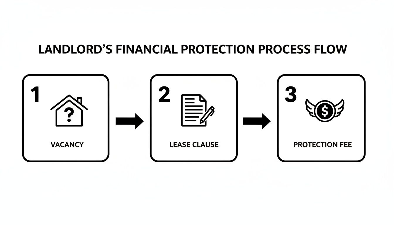 Flowchart illustrating a landlord's financial protection process with steps: vacancy, lease clause, and protection fee.