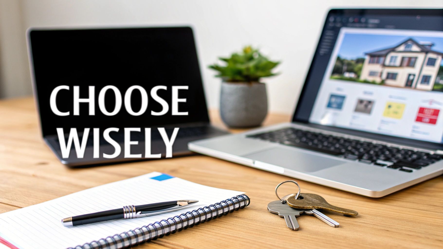 Two laptops on a desk, one displaying &#39;CHOOSE WISELY&#39;, the other a house for sale, with keys and a notebook.