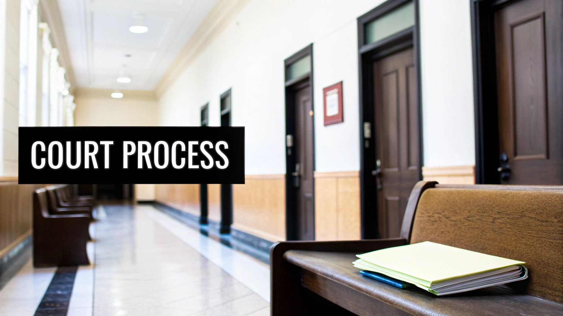 An empty court building hallway with a 'COURT PROCESS' sign, benches, and closed doors.