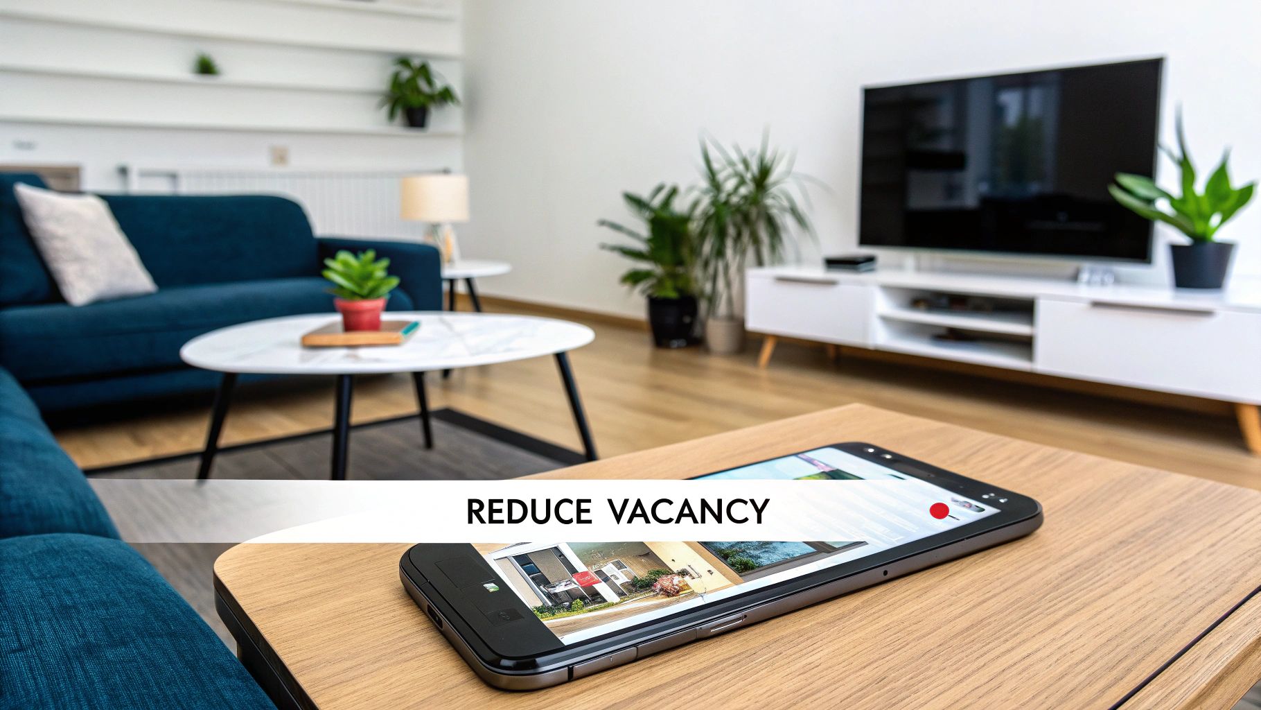 Smartphone on a wooden coffee table displaying property listings, with 'REDUCE VACANCY' text in a modern living room.