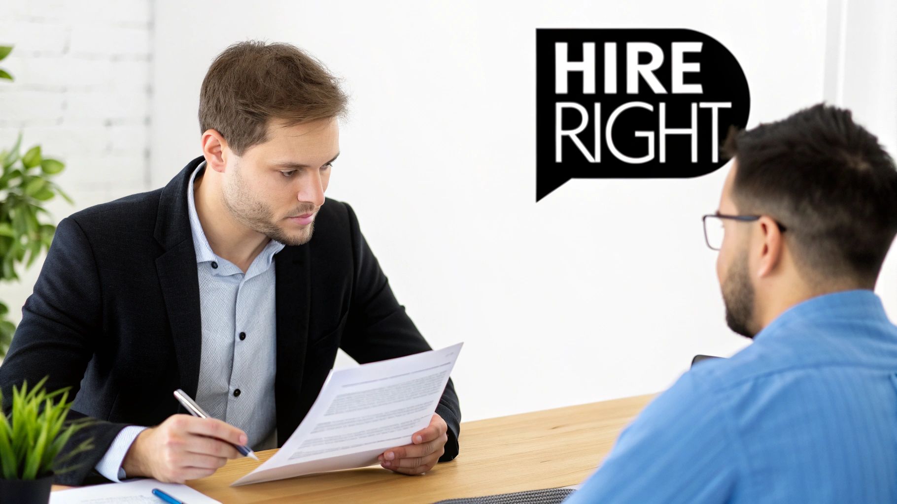 Two men in an office setting, one reviews documents while the other listens, with a 'HIRE RIGHT' logo.