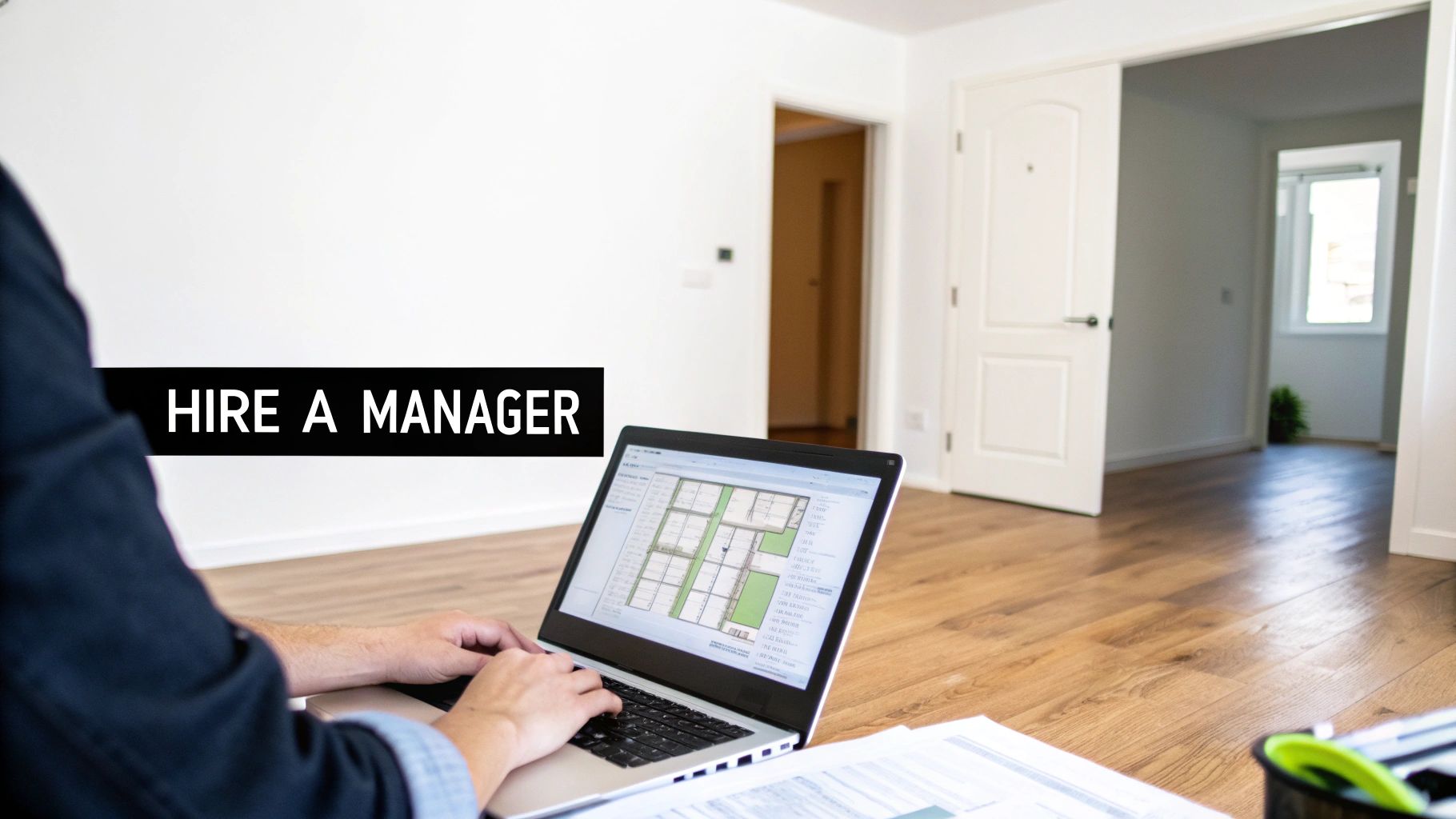 Real estate investor reviewing documents and property photos on a laptop, deciding on property management.