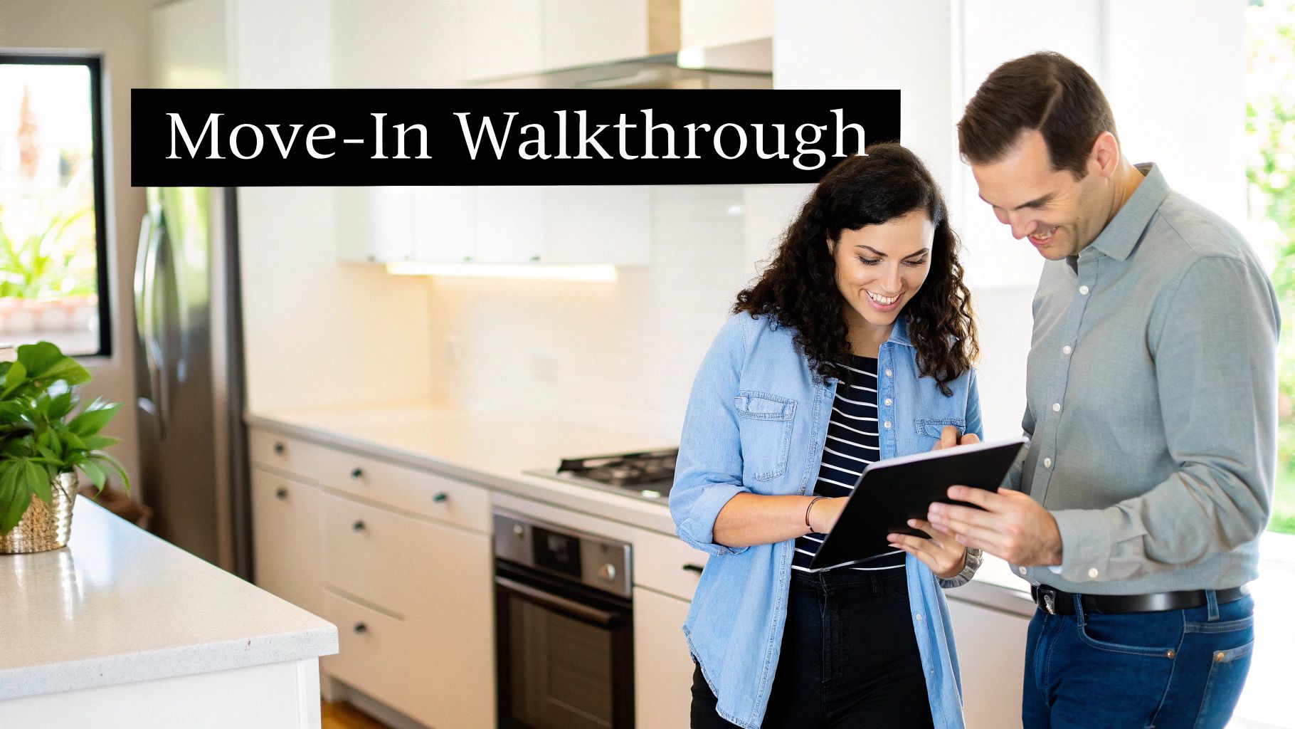 A smiling couple reviews a move-in walkthrough checklist on a tablet in a modern kitchen.
