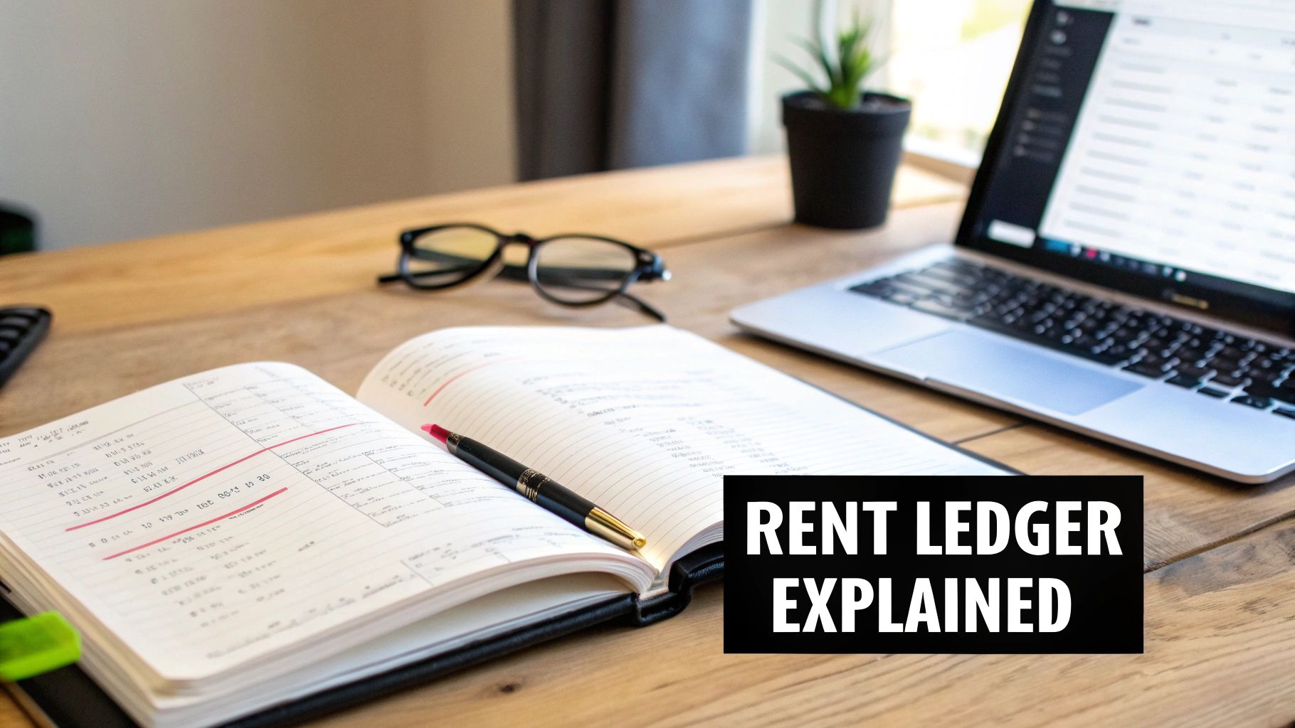 An open rent ledger notebook on a wooden desk with a pen, eyeglasses, laptop, and plant.