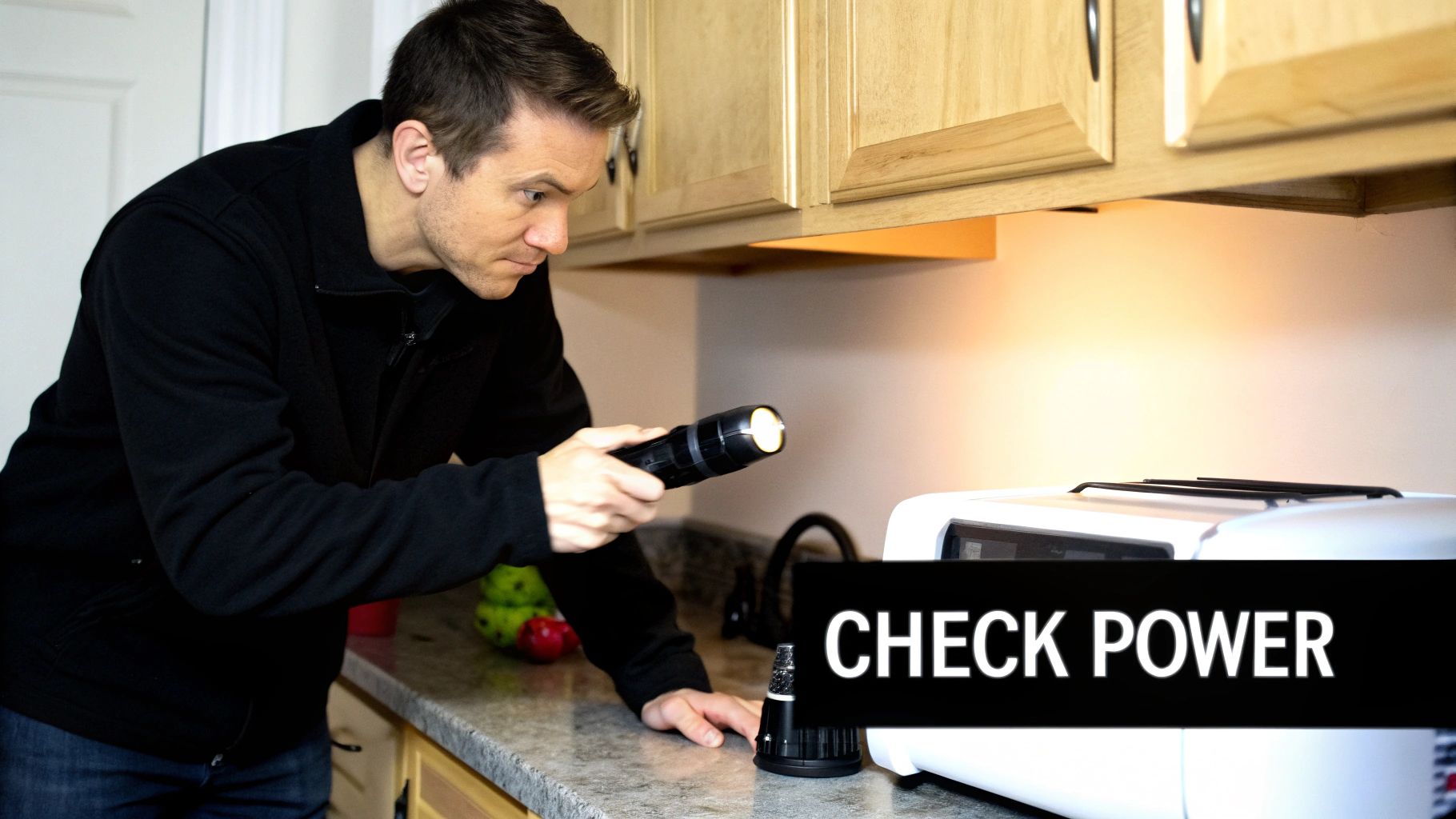 A man shines a flashlight under kitchen cabinets, inspecting an appliance on the counter.