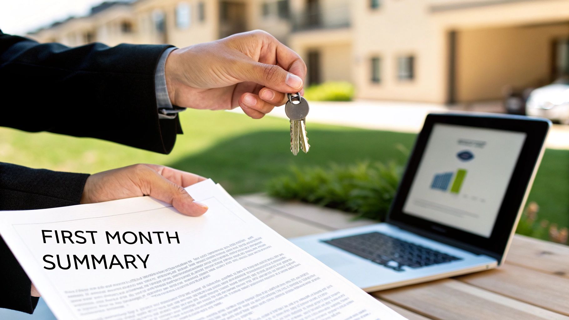 Hands holding house keys and a 'First Month Summary' document, with a laptop and residential buildings.